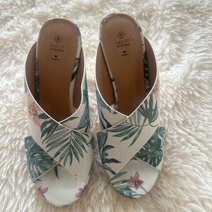 Call It Spring Green and Pink Mules with Tropical Print